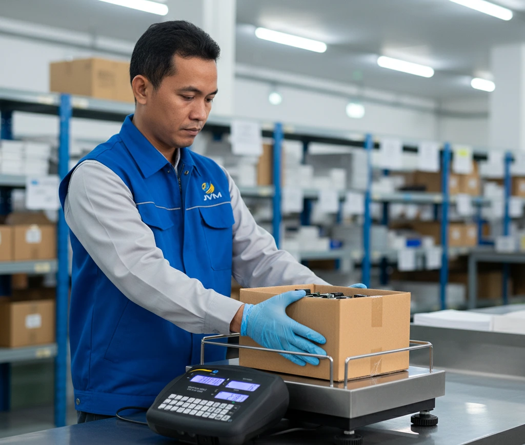 Teknisi QC Indonesia menimbang kotak komponen pada benchtop scale PCE-SCS 60-ICA di meja kerja industri dengan platform stainless steel dan layar LCD backlit.