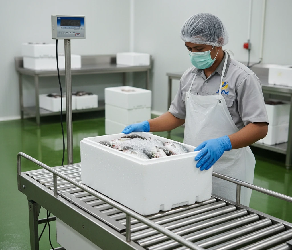 Foto menampilkan seorang petugas QC Indonesia di area penerimaan bahan baku ikan sedang menimbang boks ikan berisi es menggunakan checkweighing scale PCE-SD 150CR dengan rel pemandu; petugas memakai hairnet, masker, sarung tangan, dan apron plastik, sementara display LCD pada kabel terlihat untuk memudahkan pembacaan.