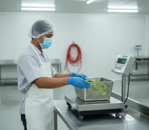 Teknisi QC Indonesia menimbang keranjang bahan baku di atas timbangan stainless PCE-SD 150SST C dengan display terpisah di area produksi makanan yang lembap dan higienis.