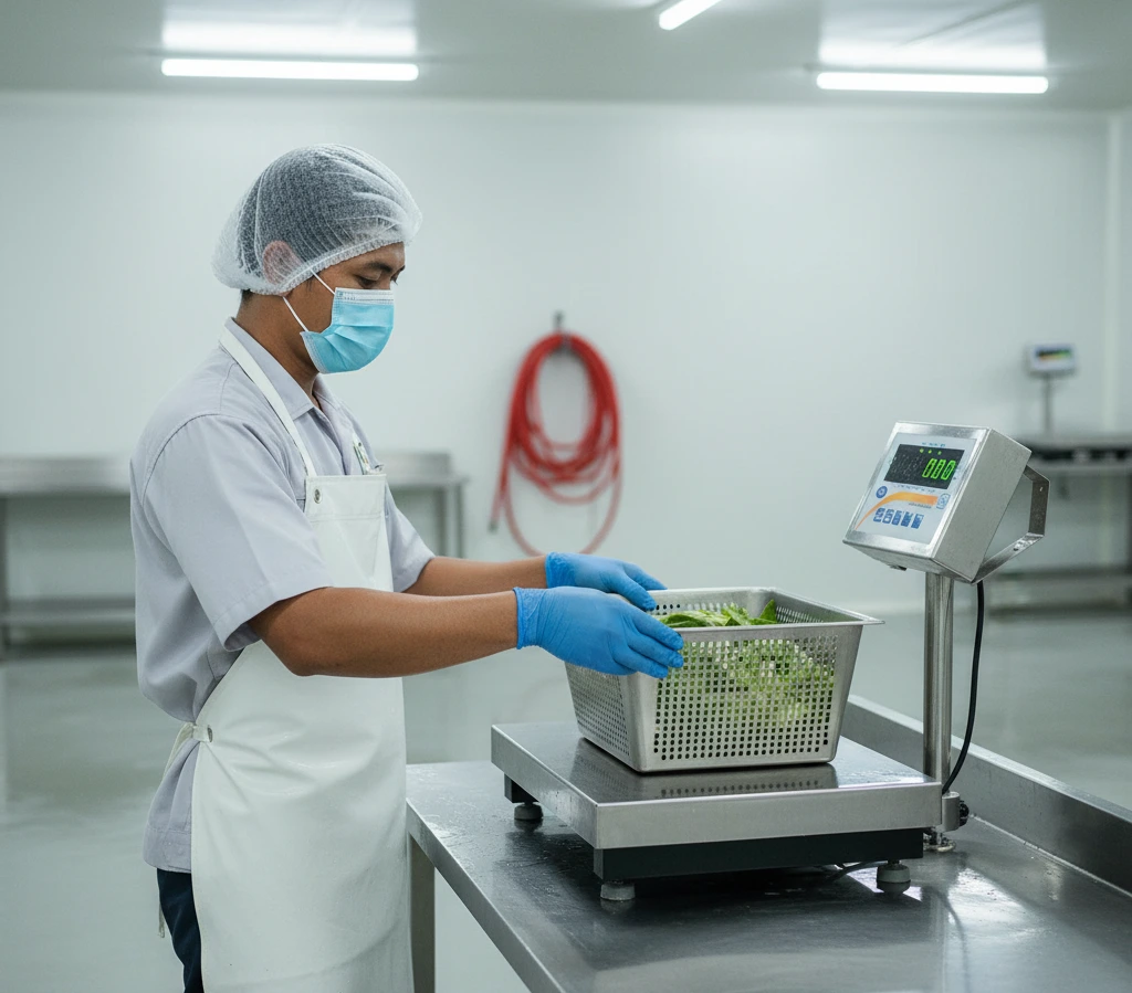 Teknisi QC Indonesia menimbang keranjang bahan baku di atas timbangan stainless PCE-SD 150SST C dengan display terpisah di area produksi makanan yang lembap dan higienis.