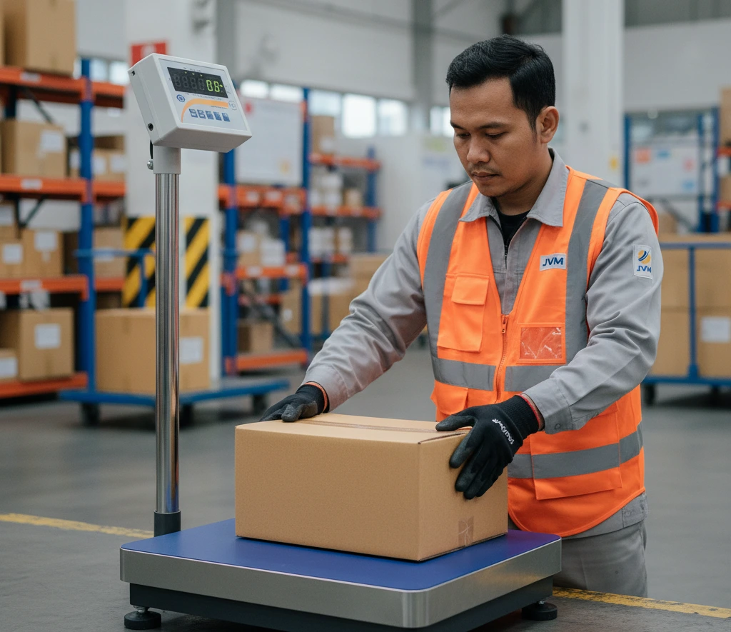 Gambar menampilkan operator gudang orang Indonesia memakai rompi keselamatan sedang menimbang paket karton di atas platform checkweighing scale PCE-SD 300C dengan display LED pada tiang;