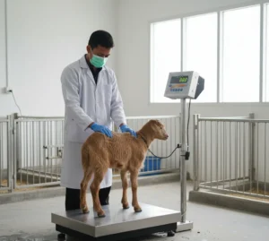 Teknisi Indonesia menimbang kambing di atas timbangan hewan stainless steel PCE-SD 300SST C dengan display LED di area kandang basah yang higienis.