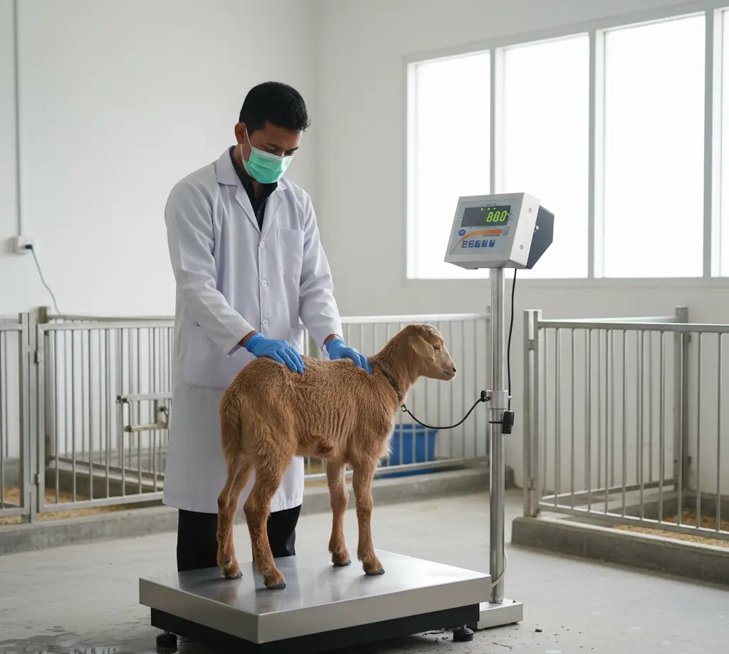 Teknisi Indonesia menimbang kambing di atas timbangan hewan stainless steel PCE-SD 300SST C dengan display LED di area kandang basah yang higienis.