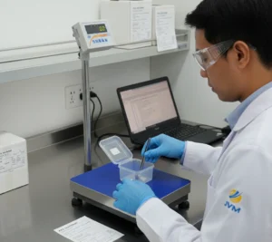 Seorang analis laboratorium Indonesia melakukan verifikasi berat sampel di atas platform checkweighing scale PCE-SD 30C, dengan tampilan layar menunjukkan status MIN/OK/MAX untuk kontrol QC penimbangan.
