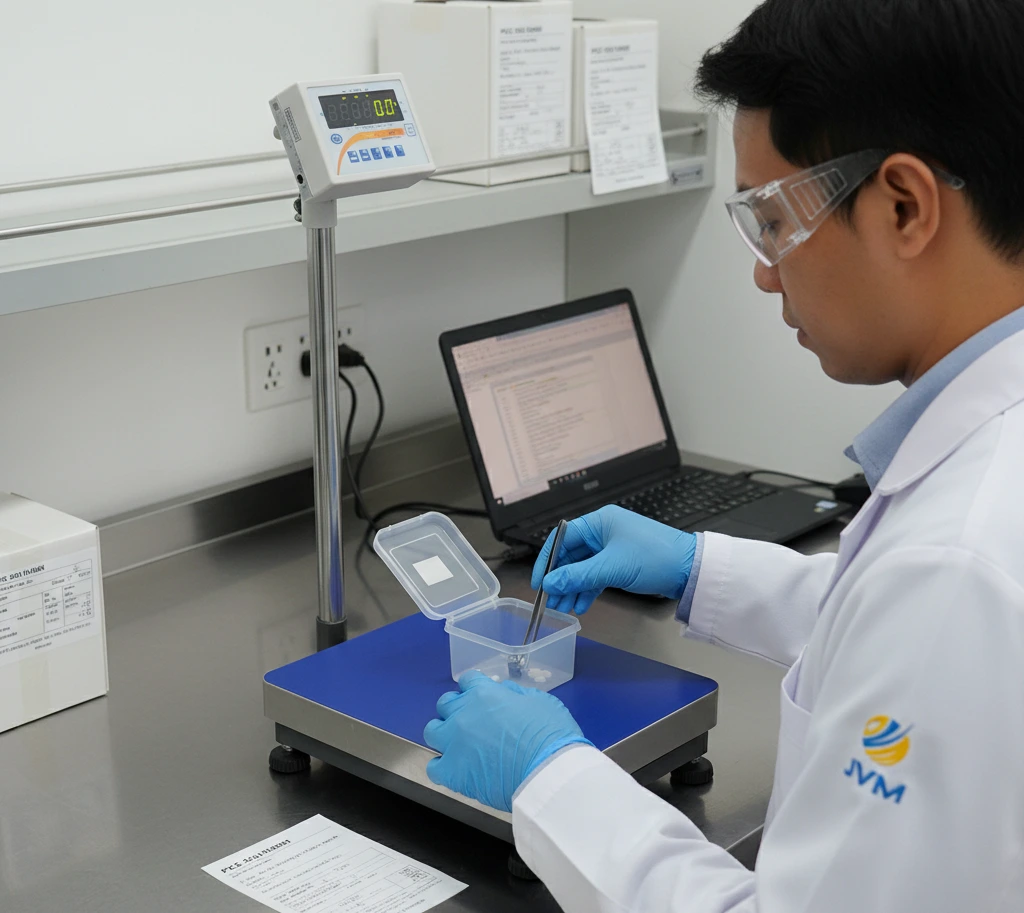 Seorang analis laboratorium Indonesia melakukan verifikasi berat sampel di atas platform checkweighing scale PCE-SD 30C, dengan tampilan layar menunjukkan status MIN/OK/MAX untuk kontrol QC penimbangan.