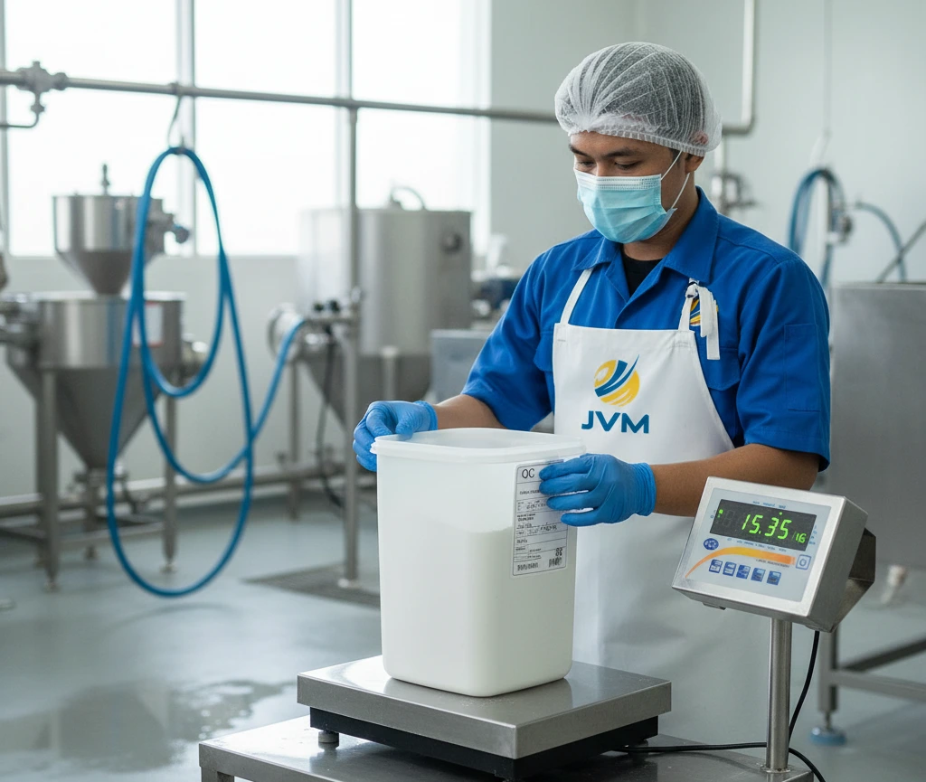 Teknisi QC Indonesia menimbang wadah bahan baku di atas timbangan benchtop stainless steel tahan air dengan display terpisah di area produksi basah dan higienis.