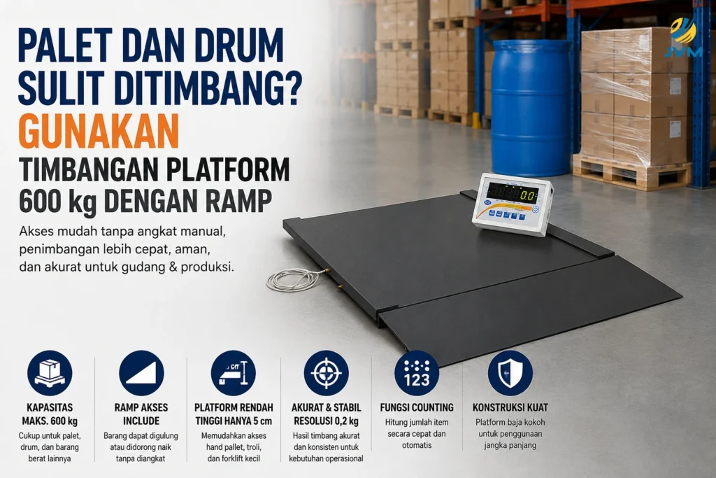Timbangan platform 600 kg dengan ramp untuk menimbang palet dan drum di area gudang atau produksi.