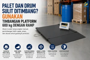 Timbangan platform 600 kg dengan ramp untuk menimbang palet dan drum di area gudang atau produksi.