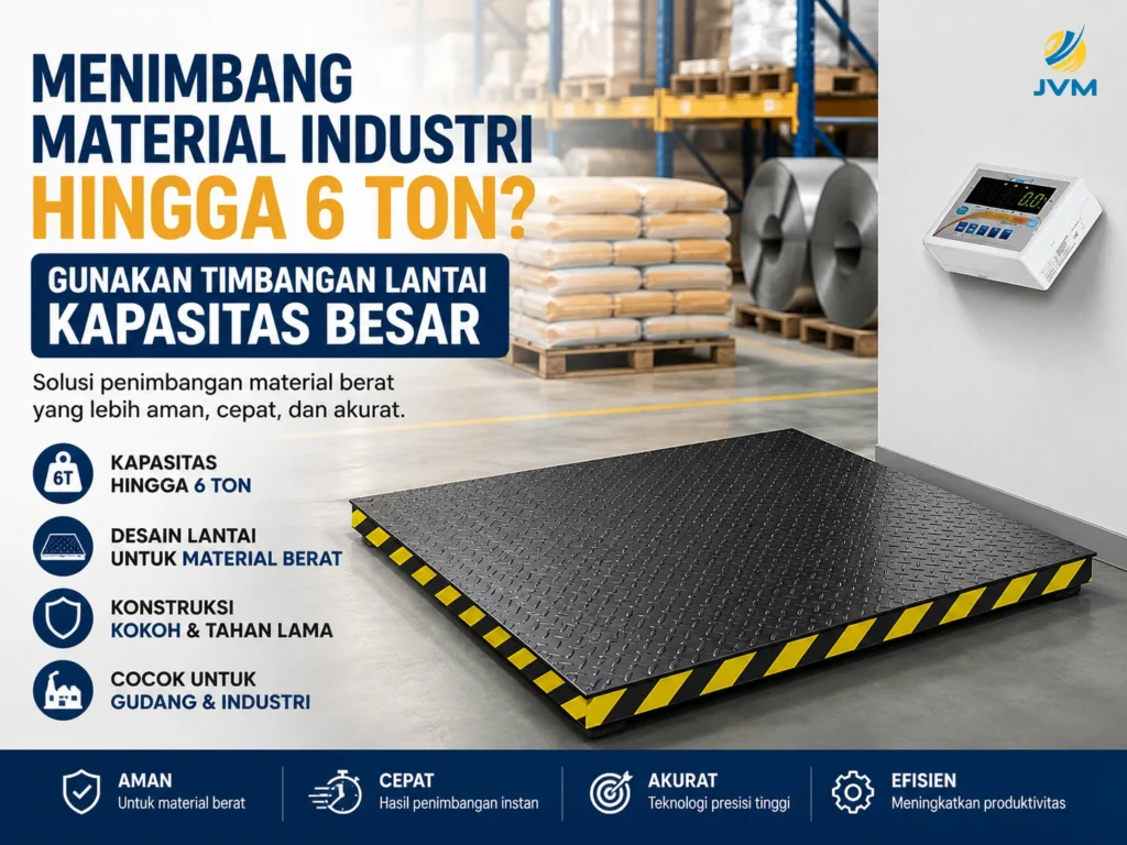 Timbangan lantai kapasitas 6 ton untuk menimbang material industri berat di gudang dan area produksi.