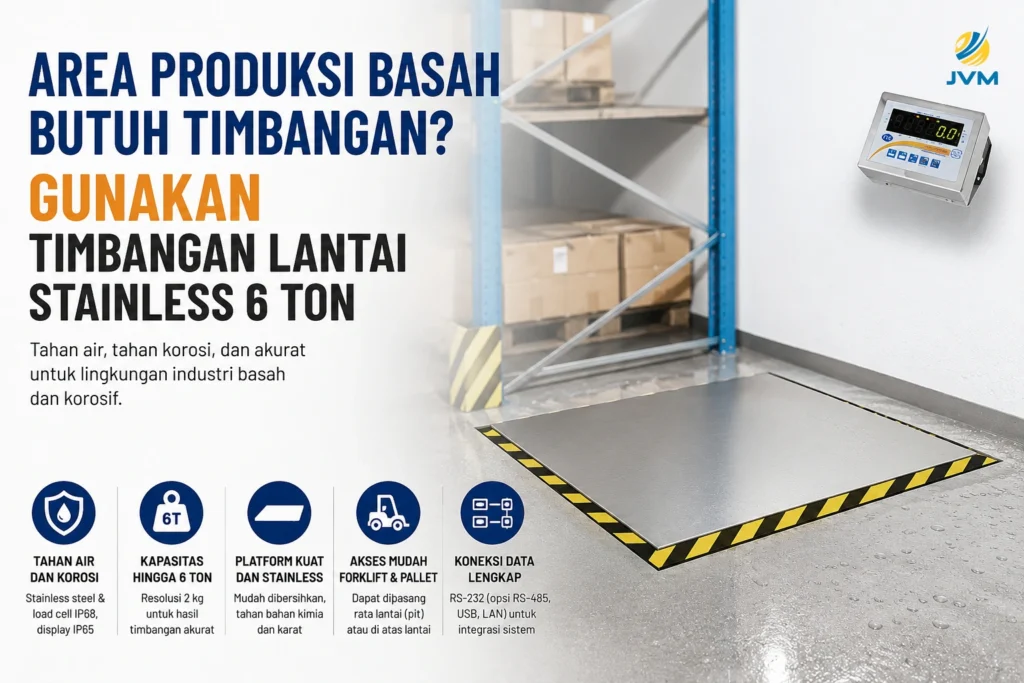 Timbangan lantai stainless 6 ton untuk area produksi basah dengan platform tahan air dan tahan korosi.