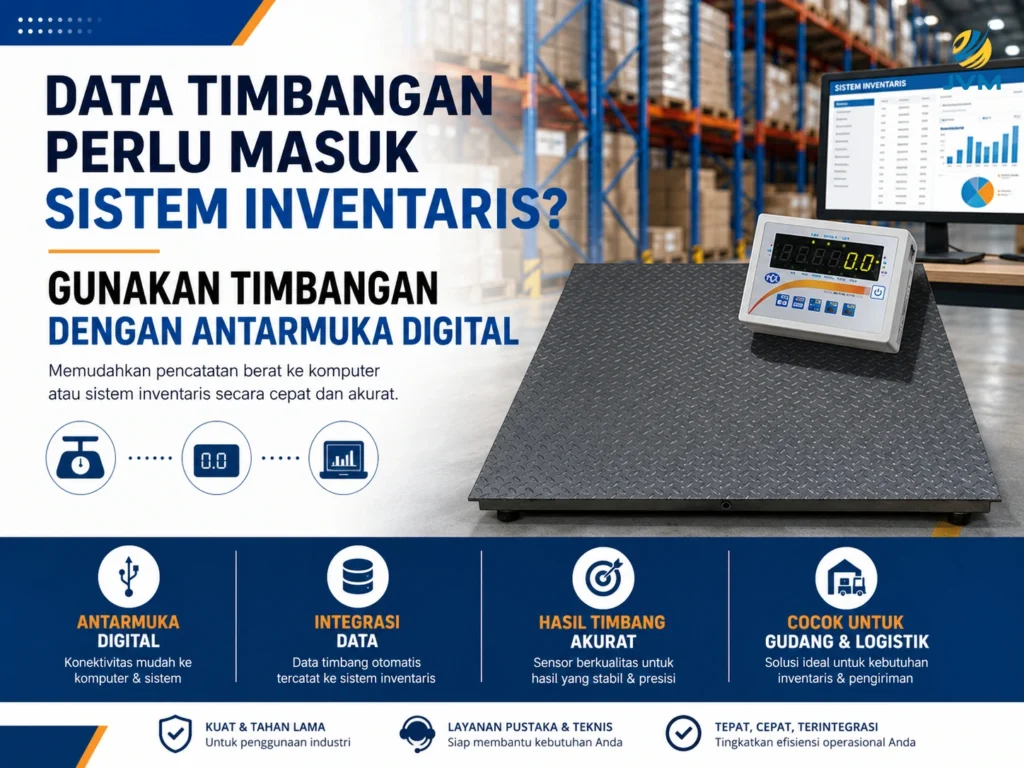 Timbangan platform dengan antarmuka digital untuk mengirim data berat ke sistem inventaris gudang.