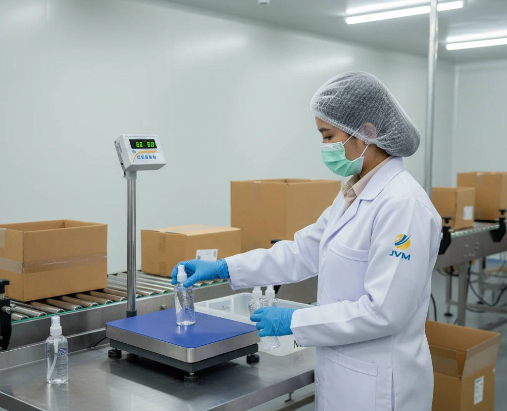 Petugas QC pabrik kosmetik Indonesia menimbang berat bersih botol pompa di timbangan platform PCE-SD 60C dan memilah hasil OK/NG di area packing line.