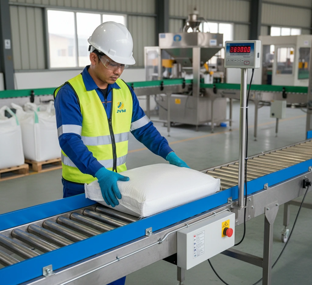Gambar menampilkan teknisi QC Indonesia di area pengemasan pabrik resin plastik/kimia sedang memeriksa berat karung resin menggunakan checkweighing scale PCE-SD 60CR dengan rel panduan dan display LCD di samping, sebagai langkah kontrol untuk mencegah underfill/overfill dan menjaga konsistensi berat kemasan.