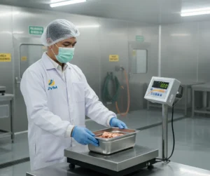 Teknisi QC Indonesia memakai APD lengkap menimbang wadah bahan basah di timbangan meja stainless PCE-SD 60SST C dengan indikator LED terpisah di ruang produksi higienis dan lembap.
