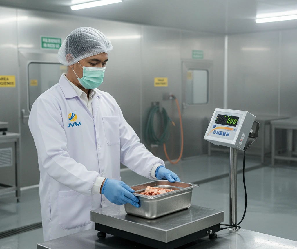 Teknisi QC Indonesia memakai APD lengkap menimbang wadah bahan basah di timbangan meja stainless PCE-SD 60SST C dengan indikator LED terpisah di ruang produksi higienis dan lembap.