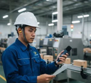 Teknisi QA Indonesia mengukur kebisingan mesin produksi menggunakan sound level meter PCE-SDL 1 di lingkungan pabrik makanan dengan APD lengkap