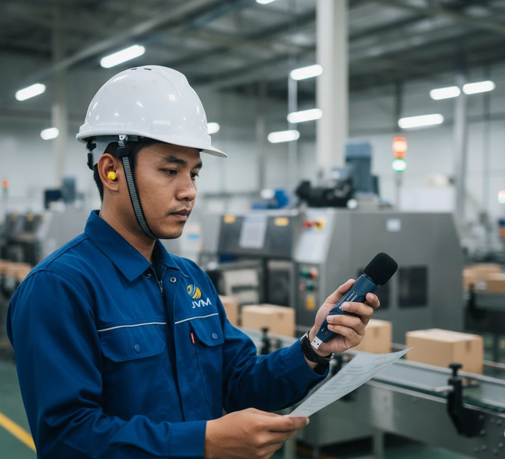 Teknisi QA Indonesia mengukur kebisingan mesin produksi menggunakan sound level meter PCE-SDL 1 di lingkungan pabrik makanan dengan APD lengkap