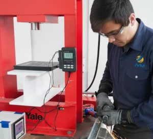 Teknisi melakukan proses grinding pada material logam di laboratorium pengujian dengan alat ukur digital yang memantau kebisingan secara real-time.