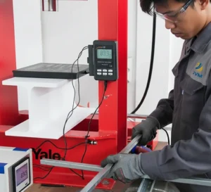 Teknisi menggunakan alat grinding pada material logam di laboratorium pengujian sambil dilakukan monitoring kebisingan real-time menggunakan sound level meter digital.