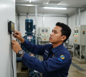 Teknisi Indonesia menggunakan sound level meter PCE-SLM 10 untuk monitoring kebisingan di ruang mesin industri