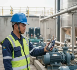 Teknisi Indonesia menggunakan sound level meter PCE-SLM 50-ICA di instalasi pengolahan air untuk mengukur kebisingan pompa industri