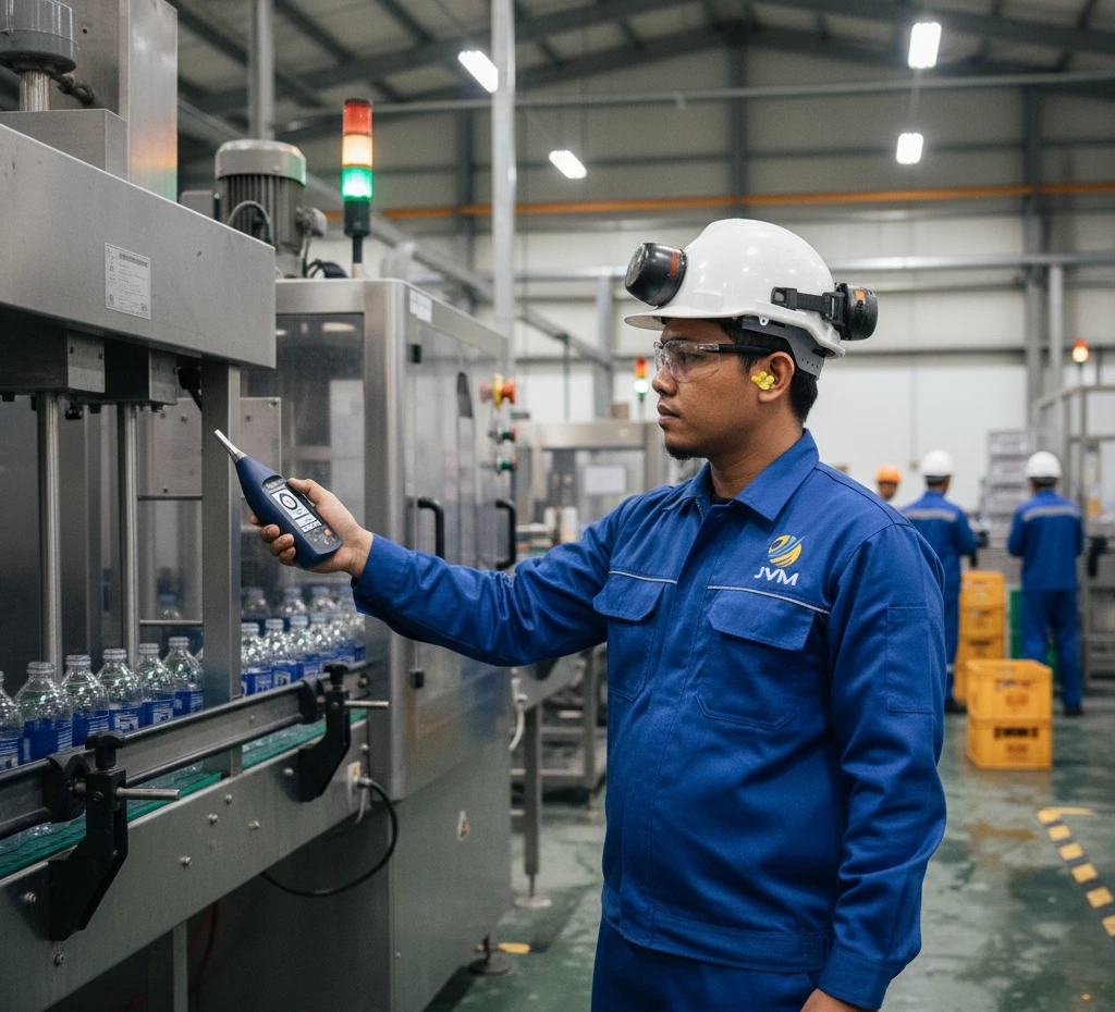 Teknisi Indonesia menggunakan sound level meter PCE-SLM 50 untuk mengukur kebisingan mesin di lingkungan industri