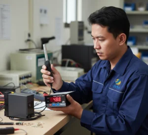 Teknisi Indonesia menggunakan sound level meter PCE-SLT untuk monitoring kebisingan di pabrik industri