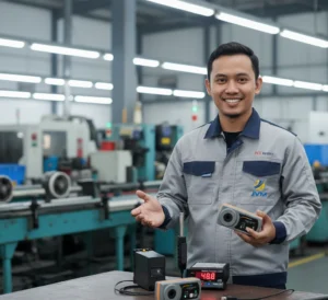 Teknisi Indonesia sedang menggunakan sound level meter industri dengan tampilan digital untuk memantau kebisingan di area pabrik produksi.