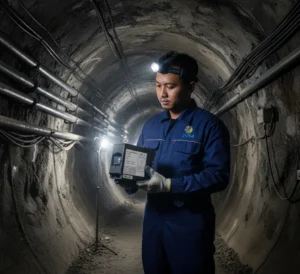 Teknisi Indonesia memantau alat sound level meter di dalam terowongan bawah tanah dengan panel indikator kebisingan aktif