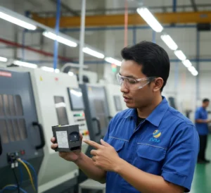 Teknisi Indonesia menggunakan sound level meter industri terpasang tetap untuk mengukur kebisingan di area produksi dengan latar mesin dan panel kontrol