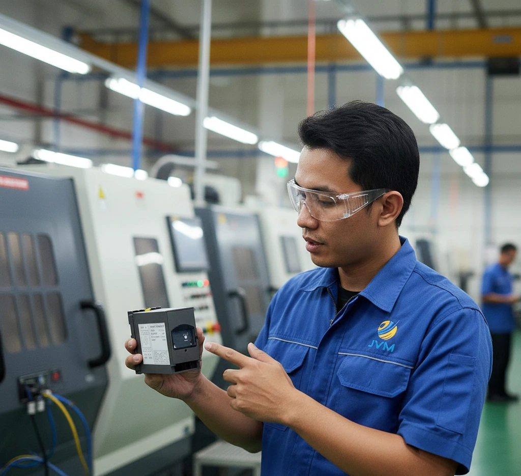 Teknisi Indonesia menggunakan sound level meter industri terpasang tetap untuk mengukur kebisingan di area produksi dengan latar mesin dan panel kontrol