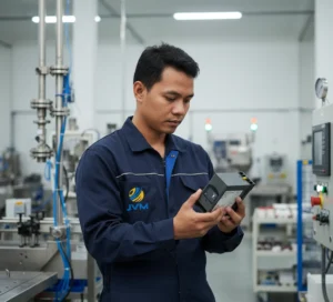 Seorang teknisi Indonesia memantau tingkat kebisingan di pabrik menggunakan sound level meter yang terpasang di dinding dekat mesin produksi.