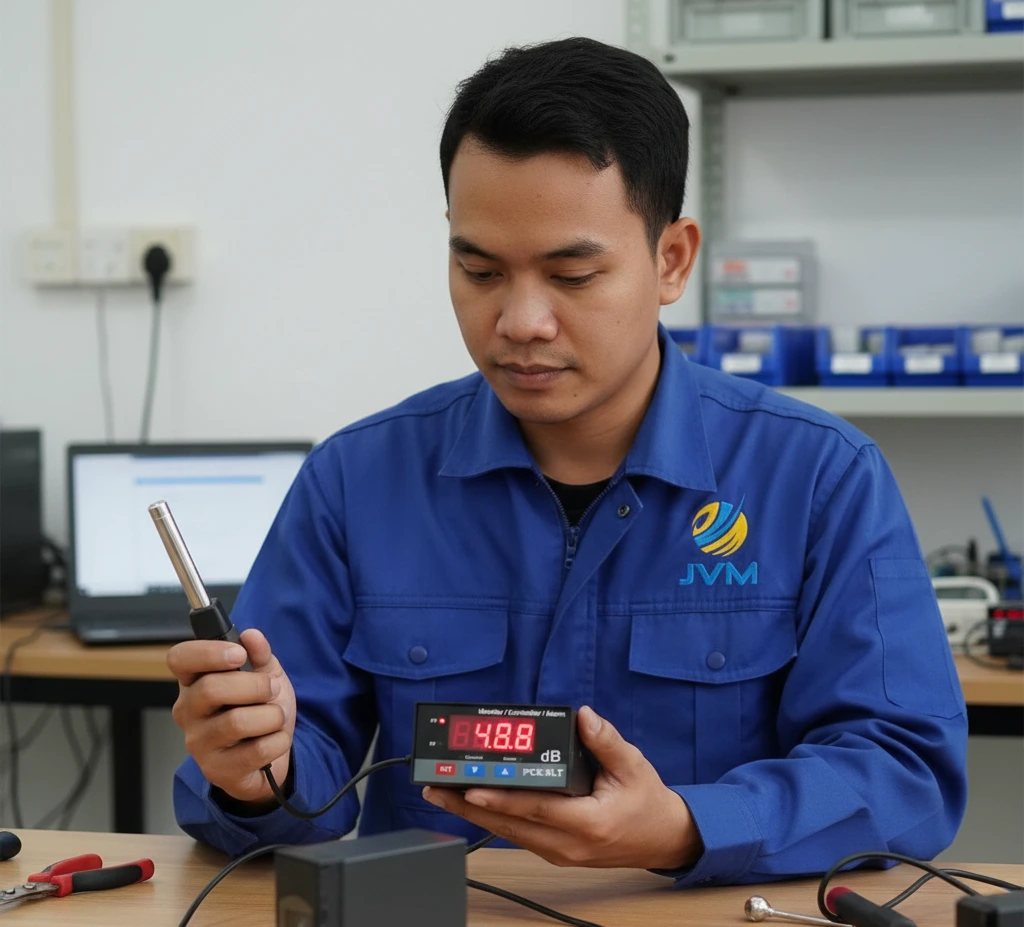 Teknisi Indonesia menggunakan sound level meter PCE-SLT untuk monitoring kebisingan di instalasi pengolahan air limbah dengan mesin blower industri