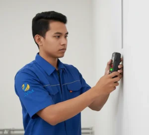 Teknisi menggunakan Wall Scanner PCE-STM 10 untuk mendeteksi kabel pada dinding beton sebelum pengeboran.