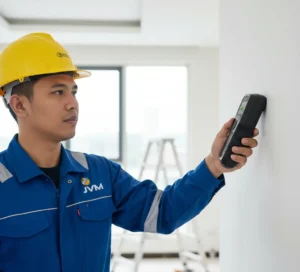Teknisi listrik menggunakan Wall Scanner PCE-STM 5 untuk mendeteksi kabel di dinding sebelum pengeboran.