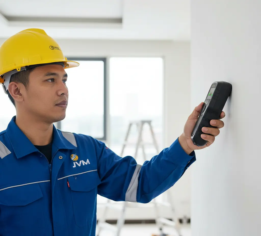 Teknisi listrik menggunakan Wall Scanner PCE-STM 5 untuk mendeteksi kabel di dinding sebelum pengeboran.
