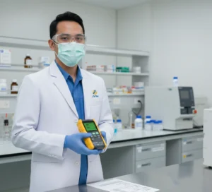 Teknisi laboratorium Indonesia menggunakan PCE-T 1200-ICA untuk mapping suhu cold room dengan beberapa probe termokopel terpasang di rak penyimpanan obat.