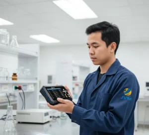 Teknisi Indonesia menggunakan data logger temperatur multi channel PCE-T 1220-ICA di laboratorium pengolahan air