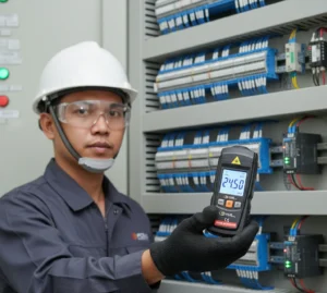 Foto menampilkan teknisi Indonesia di area pabrik sedang melakukan verifikasi RPM pada pulley yang berputar menggunakan tachometer non-contact PCE-T 220 dari jarak aman, dengan reflective tape terlihat pada komponen dan laser alat mengarah tepat ke titik ukur.