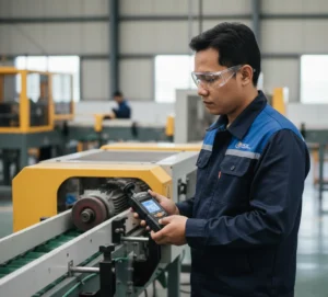 teknisi Indonesia mengukur RPM motor conveyor menggunakan tachometer handheld PCE-T 230 di area pabrik.