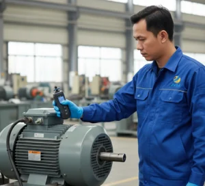 Seorang teknisi Indonesia di area pabrik sedang menggunakan tachometer PCE-T 238-ICA untuk mengukur RPM komponen mesin berputar dari jarak aman saat inspeksi condition monitoring rutin.