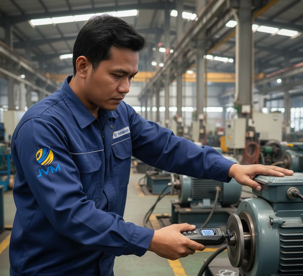 Teknisi Indonesia menggunakan tachometer digital PCE-T 238 untuk mengukur kecepatan putaran motor listrik dengan metode laser non-kontak di area industri.