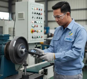 Foto teknisi Indonesia menggunakan handheld tachometer PCE-T 240 untuk mengukur RPM pulley bermotor di test bench; terlihat reflective tape pada pulley, teknisi memakai kacamata pelindung, dan layar alat menampilkan pembacaan RPM di lingkungan workshop industri.