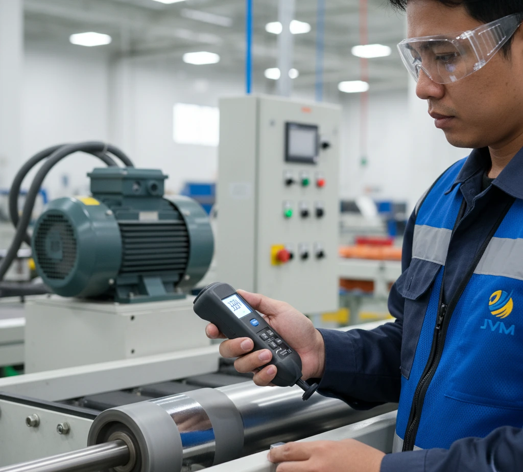 Teknisi QC Indonesia mengukur RPM roller conveyor dengan tachometer handheld PCE-T 240-ICA menggunakan metode optical dan reflective tape, layar LCD menampilkan nilai RPM di lingkungan pabrik.