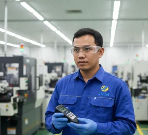 Seorang teknisi Indonesia di area pabrik mengarahkan PCE-T 260-ICA ke reflective tape pada poros motor conveyor untuk membaca RPM secara non-kontak, dengan layar alat terlihat jelas dan latar mesin produksi yang rapi.