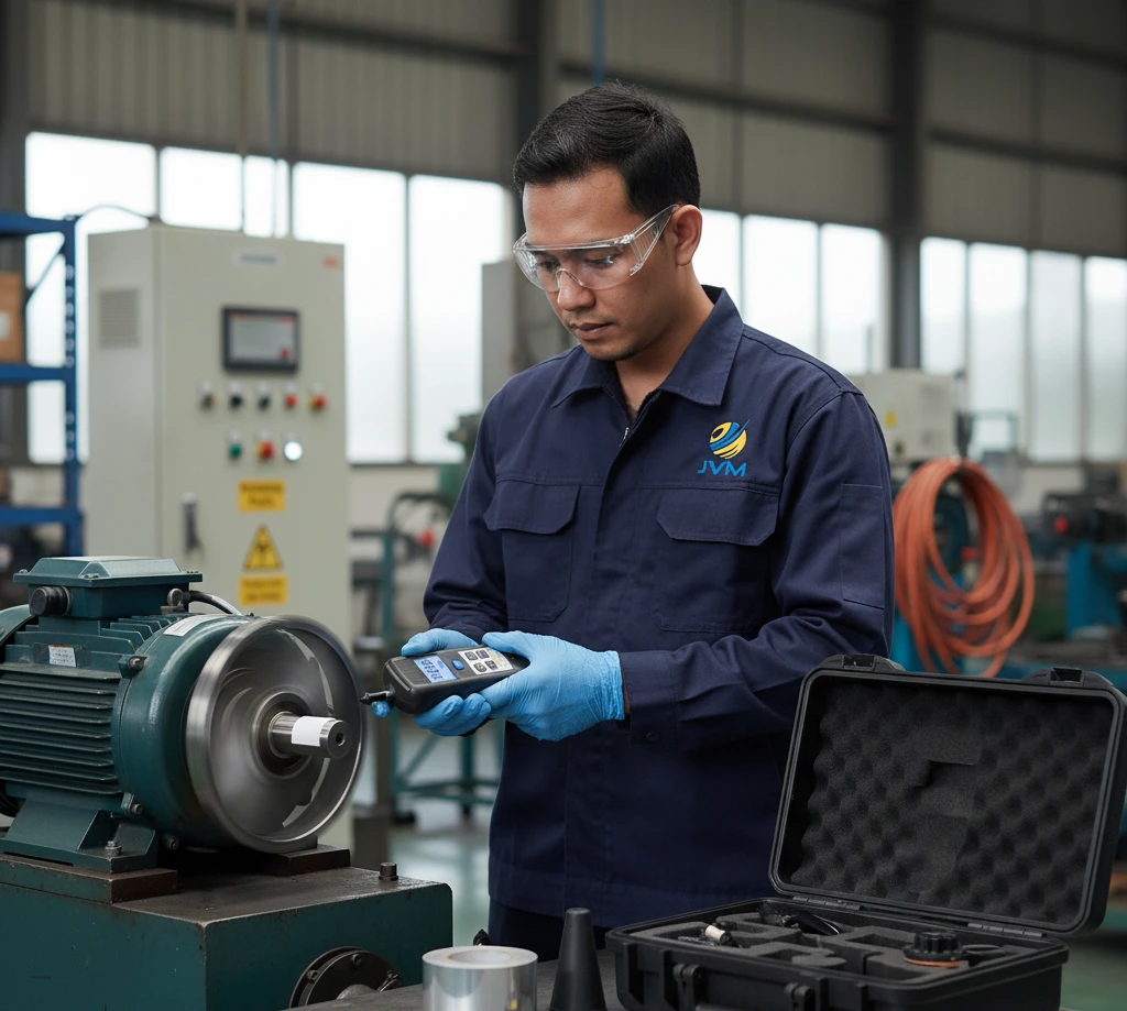 Teknisi Indonesia di workshop pabrik mengukur RPM poros motor listrik menggunakan PCE-T 260 dengan metode non-kontak memakai pita reflektif, dengan carrying case dan aksesori alat terlihat di meja kerja.