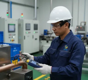 Seorang teknisi Indonesia menggunakan thermometer dua kanal PCE-T 330-ICA dengan dua probe termokopel untuk memeriksa suhu mesin dan pipa proses di area pabrik.