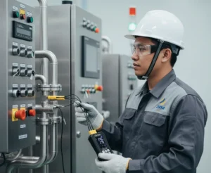 Teknisi Indonesia menggunakan PCE-T 394-ICA temperature data logger di area industri untuk memantau suhu beberapa titik proses sekaligus saat inspeksi peralatan.