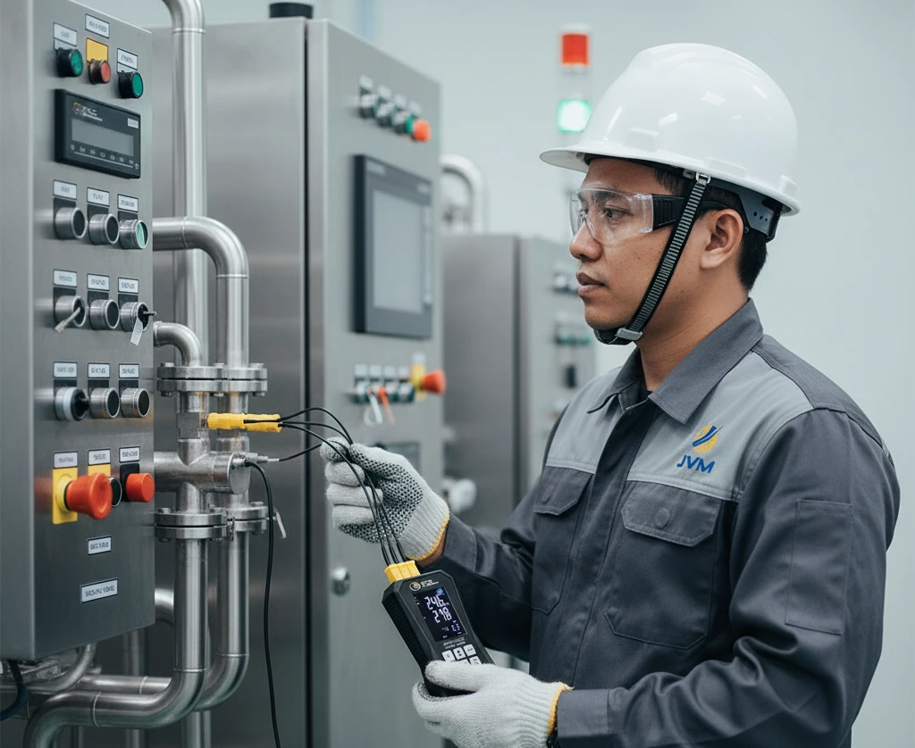 Teknisi Indonesia menggunakan PCE-T 394-ICA temperature data logger di area industri untuk memantau suhu beberapa titik proses sekaligus saat inspeksi peralatan.
