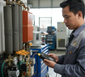 seorang teknisi Indonesia memegang thermometer thermocouple 4 channel PCE-T 420 dengan empat sensor thermocouple yang terpasang pada mesin industri untuk memantau suhu proses produksi